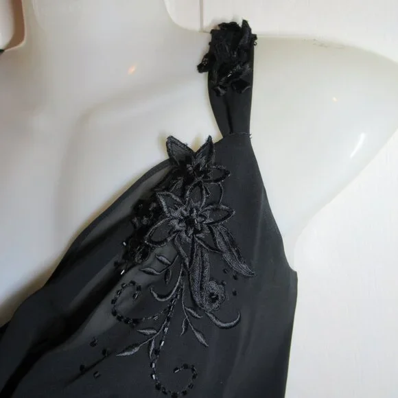 Adrianna Papell Black Chiffon Gown Floral Applique Beads EUC Whimsigoth Cowl - Picture 12 of 16